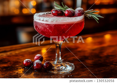 Red cocktail with sugar rim, garnished with cranberries and rosemary, on a wooden bar. Concept of festive holiday drink. For holiday party advertisement. 130532058