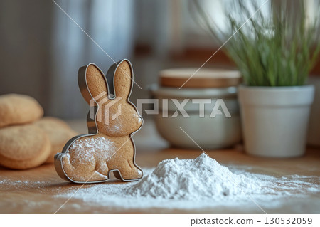 Bunny-shaped cookie cutter holding dough dusted with flour on a wooden counter. Concept of baking, creativity, and festive preparation. For baking-themed content. 130532059