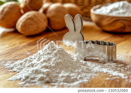Bunny-shaped cookie cutter beside a mound of flour on a wooden table. Concept of baking preparation. For cookie recipe photos. Bunny-shaped cookie cutter beside a mound of flour on a wooden table. Concept of baking preparation. For cookie recipe photos. 130532060