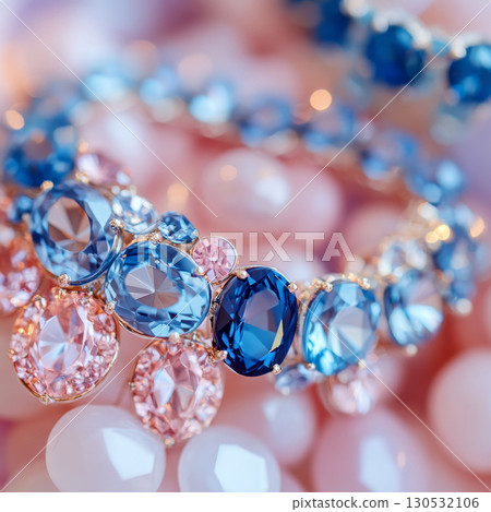 A bracelet adorned with blue and pink gemstones sparkles against a soft background. Concept of elegance and luxury. For jewelry advertisement. 130532106