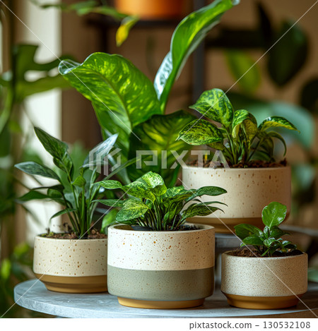 Four potted plants sit on a table, surrounded by greenery. Concept of indoor gardening and home decor. For a houseplant care guide. Four potted plants sit on a table, surrounded by greenery. Concept of indoor gardening and home decor. For a houseplant care guide. 130532108