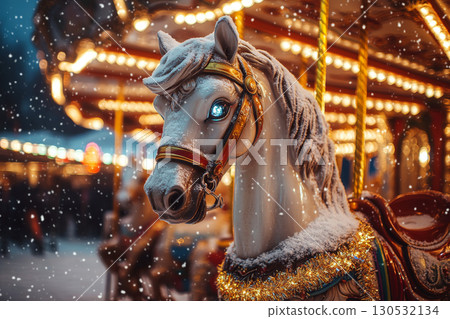 Carousel horse covered in snow with bright lights in the background. Concept of winter amusement park. For holiday-themed invitations or cards. 130532134