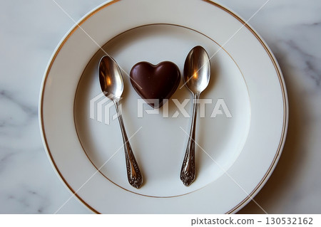 Two silver spoons and a heart-shaped chocolate rest on a white plate with gold rim on a marble surface. Concept of elegance and love. For food photo. 130532162