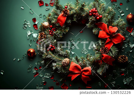 A decorative wreath with red bows and pinecones on a green background surrounded by scattered glass. Concept of holiday decoration. For Christmas-themed photo. 130532226