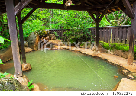 Fresh greenery in the open-air bath, Hirayu no Yu "Men's Bath" (Hirayu Onsen, Okuhida Onsen Village, Takayama City, Gifu Prefecture) 130532272