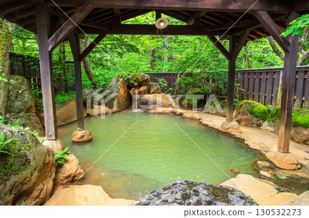 Fresh greenery in the open-air bath, Hirayu no Yu "Men's Bath" (Hirayu Onsen, Okuhida Onsen Village, Takayama City, Gifu Prefecture) Fresh greenery in the open-air bath, Hirayu no Yu "Men's Bath" (Hirayu Onsen, Okuhida Onsen Village, Takayama City, Gifu Prefecture) 130532273