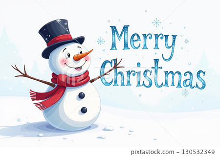 Smiling snowman with hat and scarf wishes Merry Christmas. Smiling snowman with hat and scarf wishes Merry Christmas. 130532349