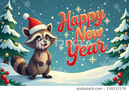 Raccoon in Santa hat with Happy New Year text. 130532576