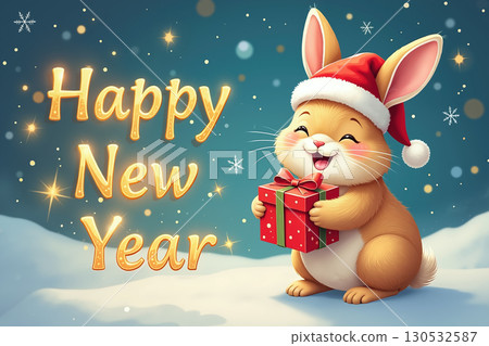 Rabbit with gift and Happy New Year text. Rabbit with gift and Happy New Year text. 130532587