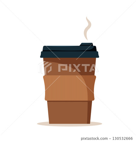 Coffee cup. Disposable paper or plastic cup with hot coffee. Vector illustration in flat cartoon style. 130532666