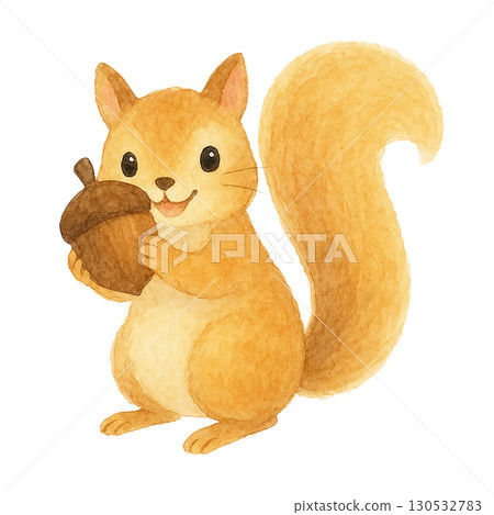 一隻松鼠叼著橡子的插圖（秋天，可愛的動物） 130532783