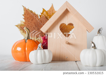 Minimalist Wooden House and White Pumpkins Autumn Home Decor 130532815