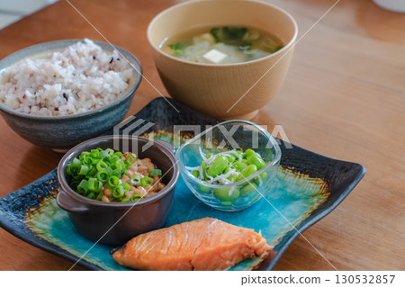 Grilled salmon and natto Japanese breakfast 130532857