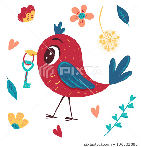 Cute bright spring bird with a key in its beak, flowers, leaves. A collection of spring elements for decorating postcards, clothes, stickers and posters. Isolated vector illustration. 130532883