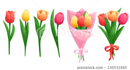 A set of tulips of different colors on a white background, individual flowers and bouquets. Isolated vector illustration for the design of postcards, clothing, textiles, banners and posters. A set of tulips of different colors on a white background, individual flowers and bouquets. Isolated vector illustration for the design of postcards, clothing, textiles, banners and posters. 130532885