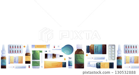 Horizontal seamless banner with various medicines on a white background. The concept of pharmacy, treatment, medicine. Vector illustrations for posters, banners, postcards, invitations and covers. 130532888