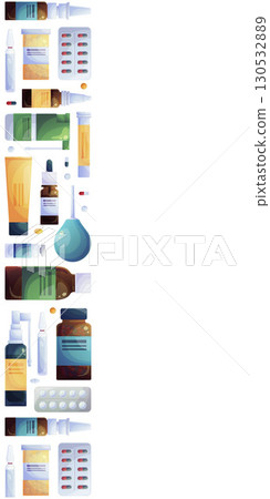 Verticall seamless banner with various medicines on a white background. The concept of pharmacy, treatment, medicine. Vector illustrations for posters, banners, postcards, invitations and covers. 130532889