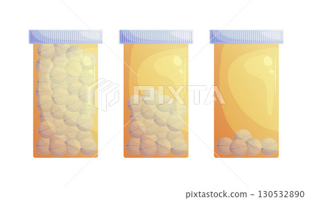 A set of pharmaceuticals in yellow vials. Full, half-empty and with several tablets. Cartoon vector illustration 130532890