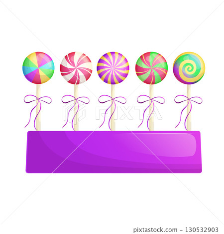 Colorful lollipops on a stick in a stand . The concept of sweet dishes, desserts and confectionery. Vector illustration on a white background for a poster, banner, postcard, advertisement. 130532903