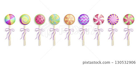 A set of lollipops, spiral, fruit candies. The concept of sweet dishes, desserts and confectionery. Vector illustration on a white background for a poster, banner, postcard, advertisement. A set of lollipops, spiral, fruit candies. The concept of sweet dishes, desserts and confectionery. Vector illustration on a white background for a poster, banner, postcard, advertisement. 130532906