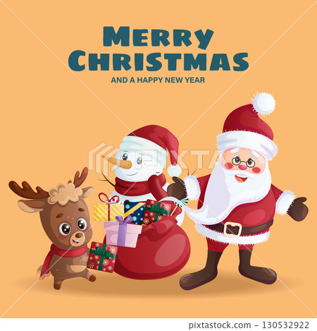 Funny Santa Claus, happy cute reindeer and snowman. Design of a Christmas card, banner, flyer with cartoon vector illustration 130532922