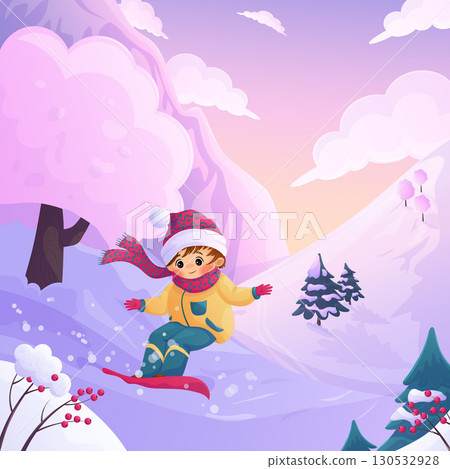 A smiling boy is snowboarding. Cartoon vector illustration for children 130532928