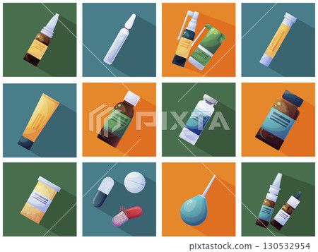 A set of cartoon medical icons in a design with long shadows, square shape. Vector illustration A set of cartoon medical icons in a design with long shadows, square shape. Vector illustration 130532954