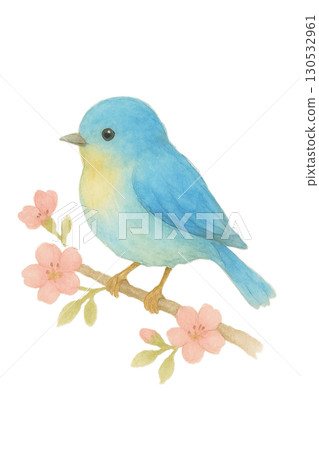 一隻小藍鳥棲息在花枝上插圖素材（春天，大自然，可愛的小鳥） 130532961