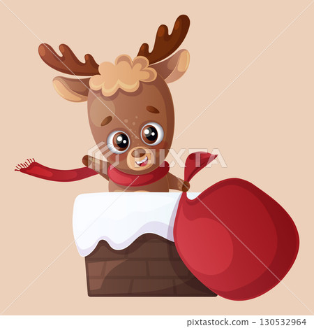 Funny happy cute deer with a bag of gifts in the chimney. Design of a Christmas card, banner, flyer with cartoon vector illustration 130532964