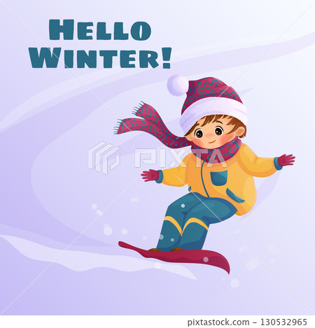 A smiling boy is snowboarding. Cartoon vector illustration for children A smiling boy is snowboarding. Cartoon vector illustration for children 130532965