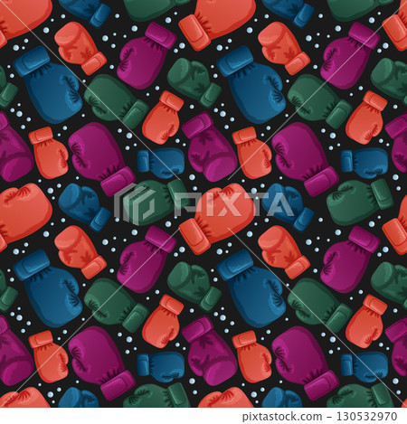 SSeamless pattern depicting multicolored boxing gloves on a black background. Vector illustration 130532970