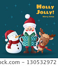 Funny Santa Claus, happy cute reindeer and snowman. Design of a Christmas card, banner, flyer with cartoon vector illustration 130532972