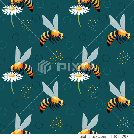 Seamless pattern depicting a bee with chamomile flowers on a blue background. Vector illustration Seamless pattern depicting a bee with chamomile flowers on a blue background. Vector illustration 130532973