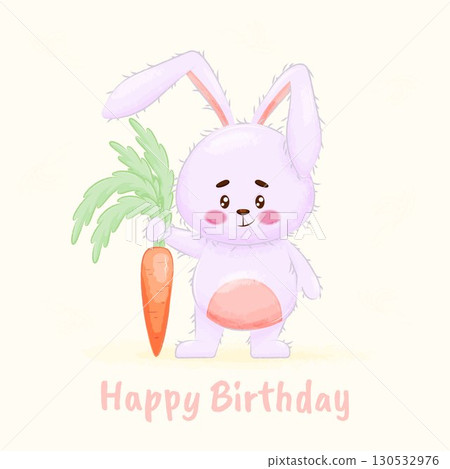A cute, happily smiling rabbit with a carrot. Adorable funny animals with cartoon vector illustration. Birthday card 130532976