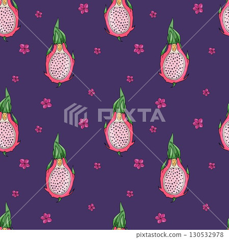 Delicious tropical fruits bright seamless pattern Vector design pattern, hand drawing, pitaya 130532978