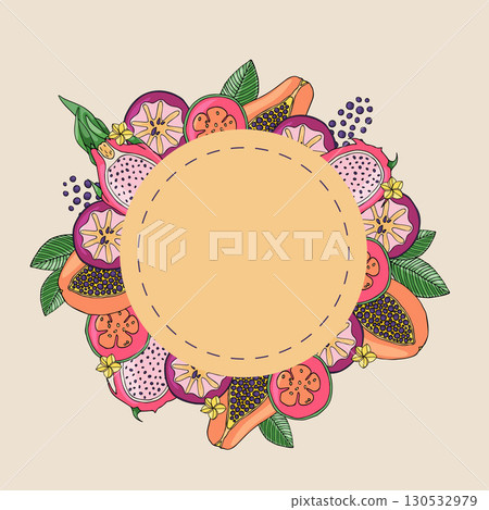 A sticker template made of delicious tropical fruits. Vector freehand drawing, papaya, pitaya, kaimito, guava A sticker template made of delicious tropical fruits. Vector freehand drawing, papaya, pitaya, kaimito, guava 130532979