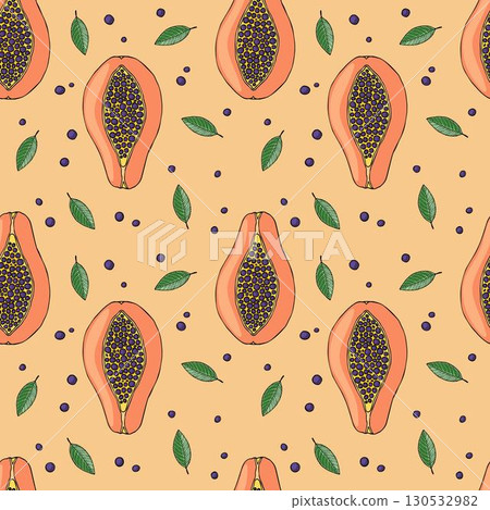 Delicious tropical fruits bright seamless pattern Vector design pattern, hand drawing, papaya 130532982