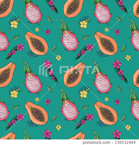 Delicious tropical fruits bright seamless pattern Vector design pattern, hand drawing, papaya, pitaya, kaimito, guava 130532984