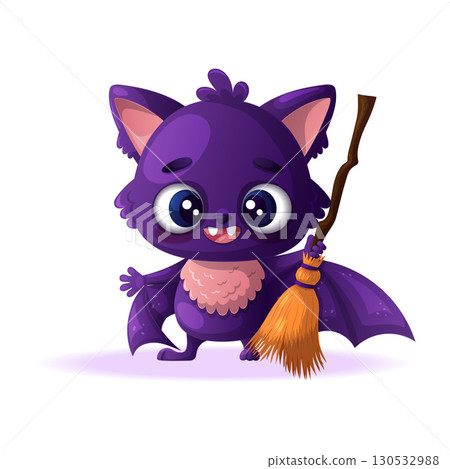 A cute, happily smiling purple bat is holding a broom. Adorable funny animals with cartoon vector illustration on white background 130532988