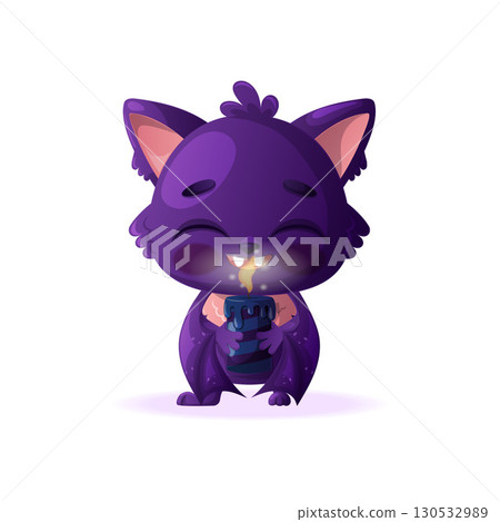 A cute, happily smiling purple bat is holding a candle. Adorable funny animals with cartoon vector illustration on white background 130532989