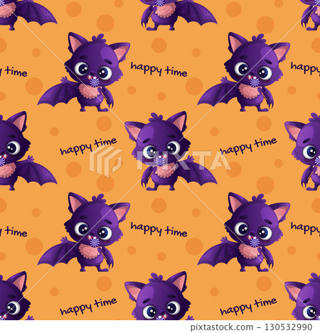 Seamless pattern featuring a cute purple bat with a lollipop on an orange background. Vector illustration 130532990