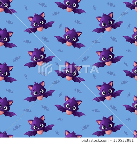 Seamless pattern featuring a cute flying purple bat on a blue background. Vector illustration 130532991
