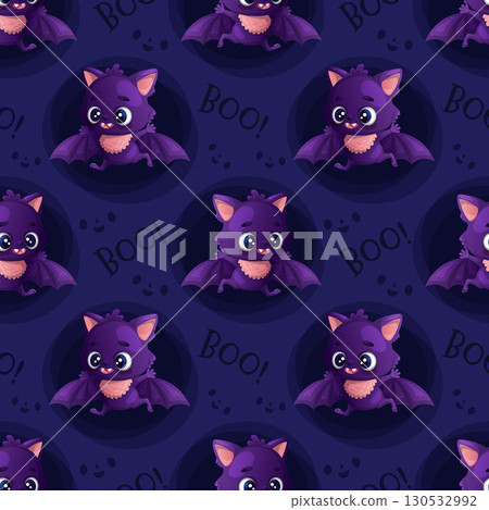 Seamless pattern featuring a cute bat on a blue background. Vector illustration 130532992