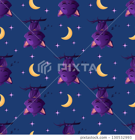 Seamless pattern featuring a cute sleep bat on a blue background. Vector illustration 130532993