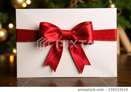 White gift box with red bow, Christmas theme. 130533010