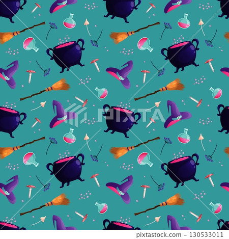 Seamless pattern with cauldron, witch hat, broom, potion, poisonous mushrooms. Cute vector holiday illustration. Blue background. 130533011