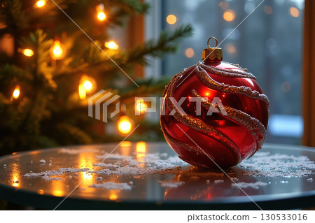 Red Christmas ornament on a snowy table with a lit tree in the background. 130533016