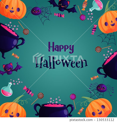 Rectangular Halloween frame with pumpkin, bats, spiders, witch's cauldron, broom, poison, cobwebs, candies. Cute vector holiday illustration. Blue background. Rectangular Halloween frame with pumpkin, bats, spiders, witch's cauldron, broom, poison, cobwebs, candies. Cute vector holiday illustration. Blue background. 130533112