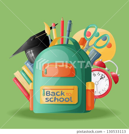 a set of school supplies. Cute stationery for kids. Back to school. Design for poster, wallpaper, website and cover template. Vector illustration 130533113