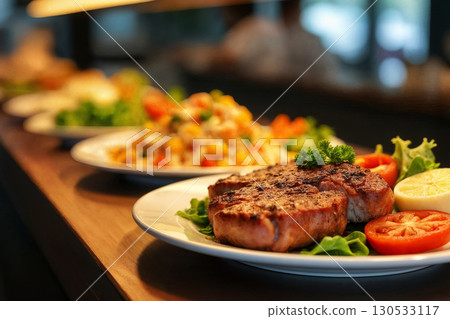 delicious grilled steak served with fresh salad and sides at a cozy restaurant delicious grilled steak served with fresh salad and sides at a cozy restaurant 130533117